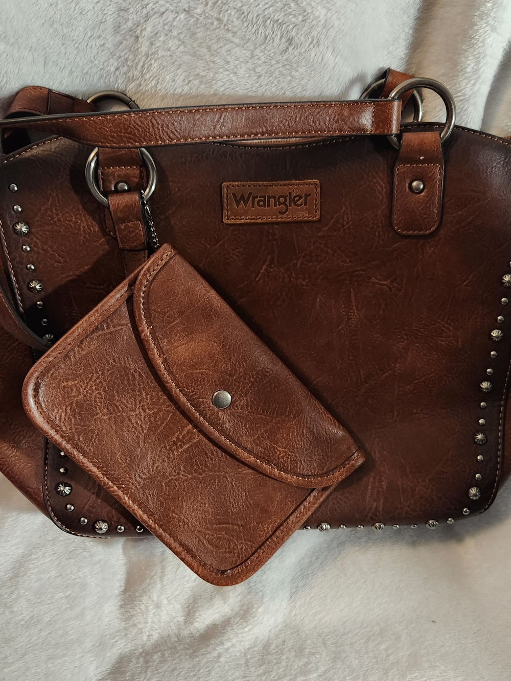 Wrangler Brown Faux Leather Tote with Stud Trim and Matching Wristlet